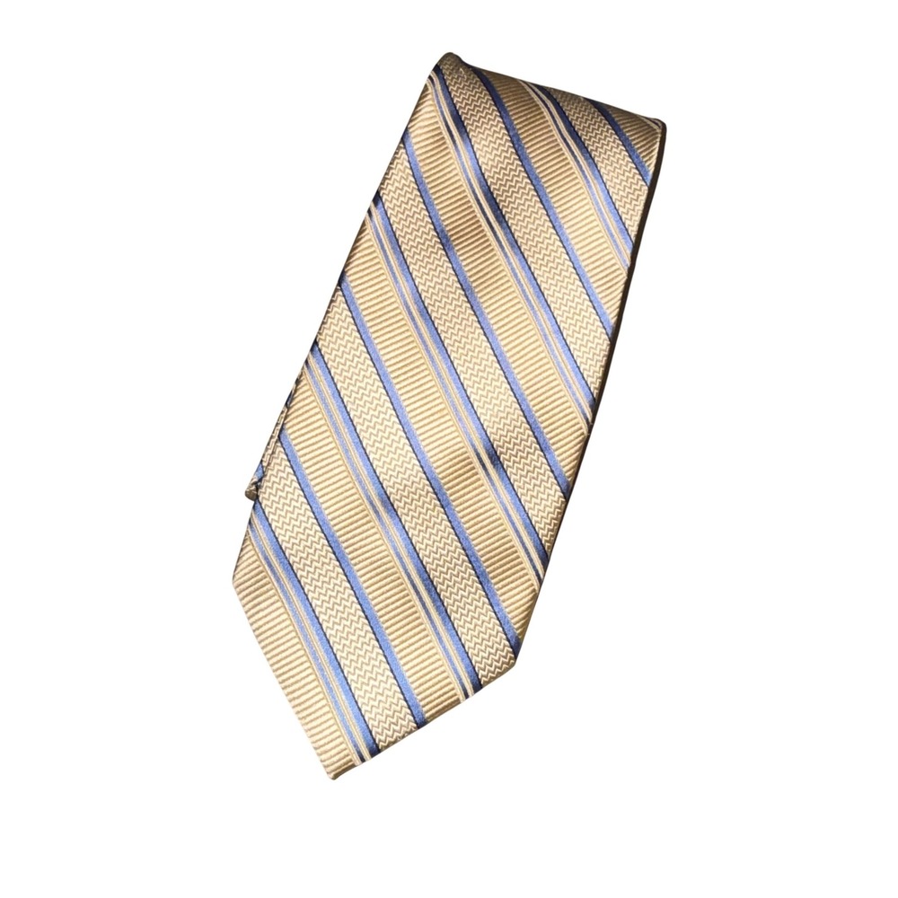 Burma Bibas Necktie One Size Gold Blue Striped 100% Silk Textured‎ Formal Tie